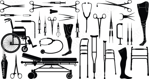 Medical equipment silhouettes set, healthcare tools icons collection, hospital surgical instruments, prosthetic devices, black white vector illustration