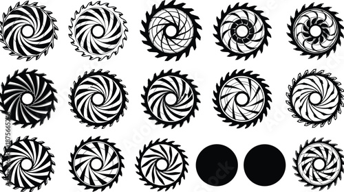 Circular saw blade spiral icons set, industrial cutting tool symbols, abstract rotation shapes, black white vector illustration