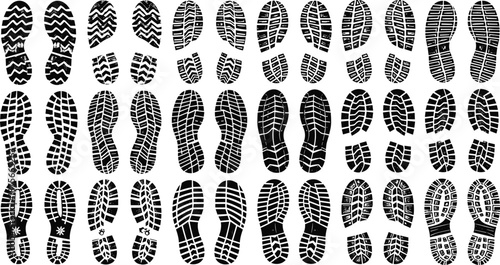 Shoe sole footprint silhouettes set, boot tread patterns collection, black and white vector illustration, walking tracking concept