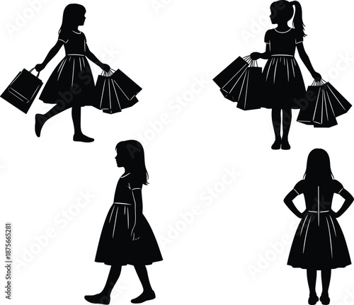 Girl shopping silhouettes, female child holding shopping bags, black and white vector illustration, retail fashion lifestyle concept