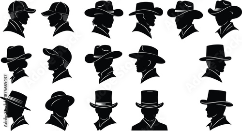Men hat silhouette profile set, male head portraits wearing caps fedora cowboy hats, vintage fashion black vector illustration