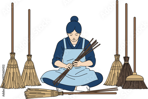Craftswoman making traditional brooms by hand, artisanal cleaning tools production, handmade household goods, cultural craft, flat vector illustration design artwork