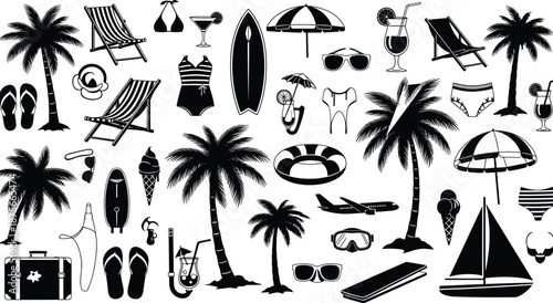 Summer beach vacation icon set, tropical holiday objects silhouettes, palm trees swimwear travel leisure, black vector illustration