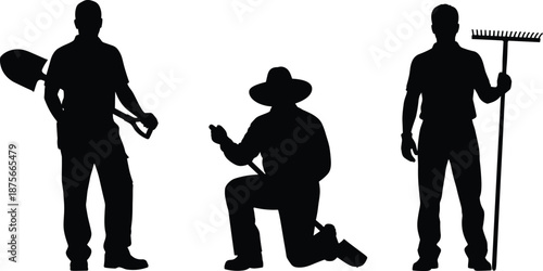 Gardener farmer silhouettes working outdoors, agriculture tools people, planting cultivation concept, rural labor black vector illustration