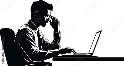 Businessman silhouette working on laptop adjusting glasses focused office worker concept remote job corporate technology vector illustration isolated
