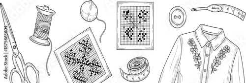Hand Drawn Sewing and Embroidery Tools Vector Set with Cross Stitch Patterns, Scissors, Thread, Buttons, Shirt