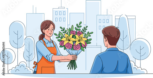 Florist woman presenting colorful flower bouquet to customer in city park, flower shop service, romantic gift, flat vector illustration