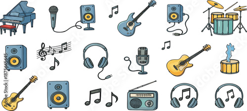 A collection of music-related icons and symbols on a white background