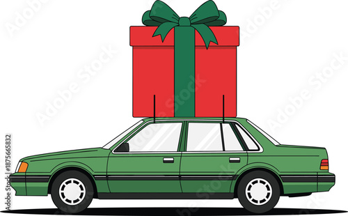 Green car with gift box on roof symbolizing surprise present delivery, holiday promotion, reward concept, transportation, flat vector illustration design