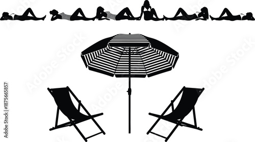 Beach relaxation silhouette set, sunbathing women poses, deck chairs umbrella, summer vacation seaside leisure, black vector illustration collection design icons