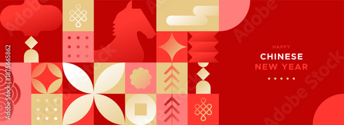 Happy Chinese New Year of the horse 2026 modern mosaic illustration template in abstract geometric style. China culture festival event design with gold fortune decoration.