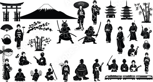 Japanese culture silhouette set, traditional geisha samurai pagoda torii Fuji bamboo icons, black vector illustration collection, heritage travel asia design