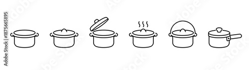 Cooking pot outline icon set. Cookware and kitchen utensil line symbols. Saucepan with lid for cooking food, boiling and heating. Household kitchenware illustration for culinary and domestic concepts.