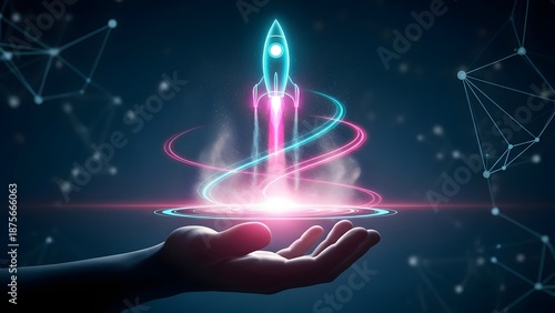 Digital rocket launch from a human palm. Startup innovation and business expansion. Glowing spaceship lifting off from a hand with light trails and network connections