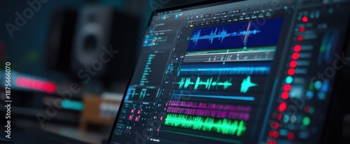 The Audio Editing Workstation Display Showing Multitrack Waveforms, Mix Levels, and Controls