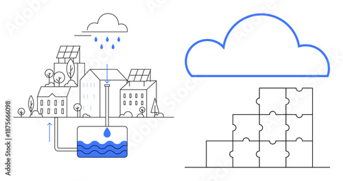 Rainwater harvesting system. Rainwater collection supports sustainable water management in urban areas. Rainwater systems align with eco-friendly solutions, urban planning, and resource optimization