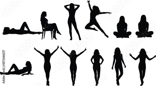 Female silhouette poses collection, women body shapes, dancing sitting jumping standing figures, black shadow illustration, isolated vector set design pack