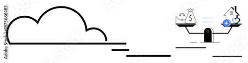 Cloud computing concept. Cloud symbol s digital solutions and connectivity. Scale metaphor highlights balance among finance, business, and healthcare. For technology, digital transformation