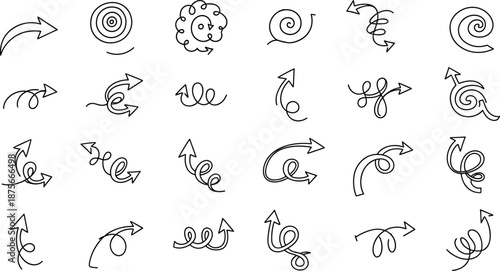 Hand drawn spiral and curly arrow set, doodle swirl arrows collection for navigation, infographic, presentation, web design, sketch style black line illustration isolated