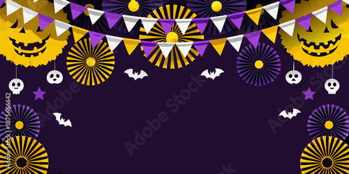 halloween decorations with purple and yellow flowers and triangular flags