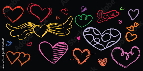 Colorful chalk heart doodles on black background, Neon hand drawn love hearts doodle collection, Bright chalk heart sketch set for valentines