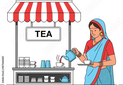 Tea stall vendor woman serving hot tea at street kiosk, traditional beverage service, local culture, small business, flat vector illustration