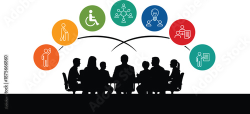 Business meeting illustration with diverse team silhouettes collaborating at conference table, surrounded by colorful management, accessibility and idea icons, modern corporate teamwork 