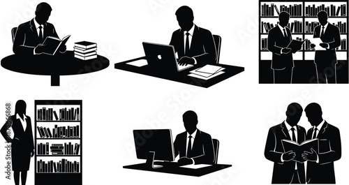 Business people silhouettes set showing professionals working with laptop documents teamwork meeting and office tasks isolated on white background vector illustration corporate concept