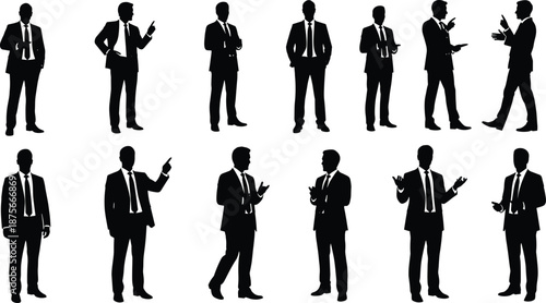 Businessman silhouettes set showing corporate men in suits talking presenting gesturing and communication poses isolated on white background vector illustration professional business conceptWeb