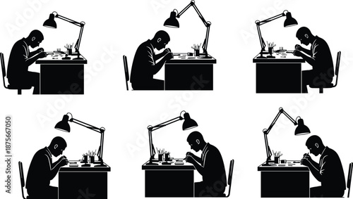 Collection of black watchmaker and jeweler silhouettes working at desks under lamps, craftsman precision work vector set isolated on white background for repair and workshop design useWeb