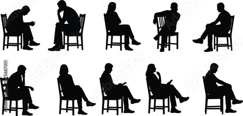 Collection of black wheelchair user silhouettes in various sitting and moving poses, disabled people vector icons isolated on white background for accessibility and medical design useWeb