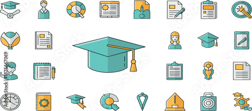 Graduation ceremony illustration featuring various education icons