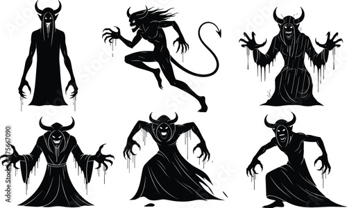 Collection of terrifying demon silhouettes with horns and dripping shadows, dark horror fantasy creatures in aggressive poses isolated on white background for illustration designWeb