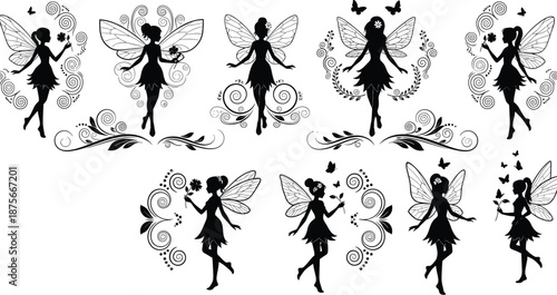 Elegant set of decorative fairy silhouettes with wings and floral swirls, magical fantasy characters isolated on white background for illustration, crafts, and graphic design projects