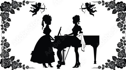 Elegant vintage silhouette illustration of two women playing piano surrounded by floral frame and flying cupids, romantic classical music scene in black isolated on white backgroundWeb