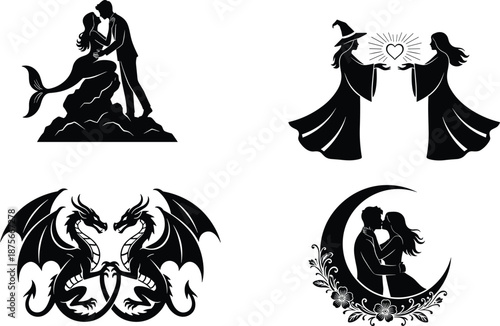 Fantasy romance silhouette collection featuring magical couples, mermaid love, witches with heart spell, twin dragons and moonlit embrace, elegant fairytale scenes isolated on white backgroundWeb