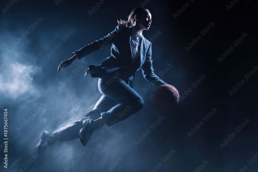 Obraz premium A female executive in a tailored business suit leaps through swirling mist with a basketball in hand, embodying decisive action and leadership.