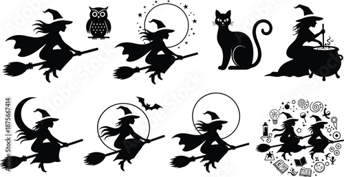Halloween witch silhouette icon set featuring flying witches, black cat, owl, moon, stars and magic cauldron, spooky fantasy symbols isolated on white background illustrationWeb