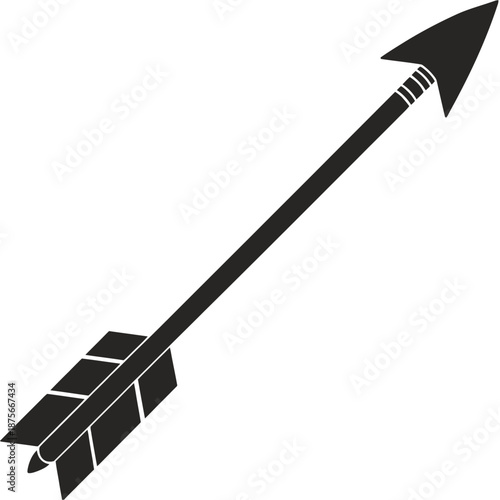 Silhouette of tribal arrow pointing up and right featuring decorative fletching and sharp arrowhead for hunting or archer sport themed graphic design