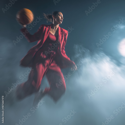 Wallpaper Mural A female executive in a tailored business suit leaps through swirling mist with a basketball in hand, embodying decisive action and leadership. Torontodigital.ca