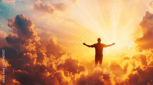 Wallpaper Mural Person stands with arms open in cloud-filled sky during sunset Torontodigital.ca