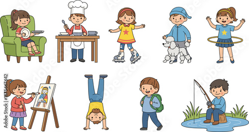 Kids daily activities set including cooking, cleaning, sports, hobbies, school, and outdoor play in cheerful flat vector illustration