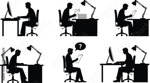 Office business silhouettes set showing professionals working at desks meetings discussions and computer tasks isolated on white background 