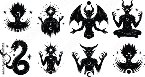 Mystical demon and occult deity silhouettes with celestial symbols, horns and wings, dark spiritual fantasy icons isolated on white background for tattoo and graphic designWeb