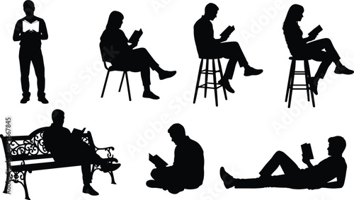 People reading book silhouettes set showing men and women sitting standing relaxing with books isolated on white background vector illustration education lifestyle conceptWeb