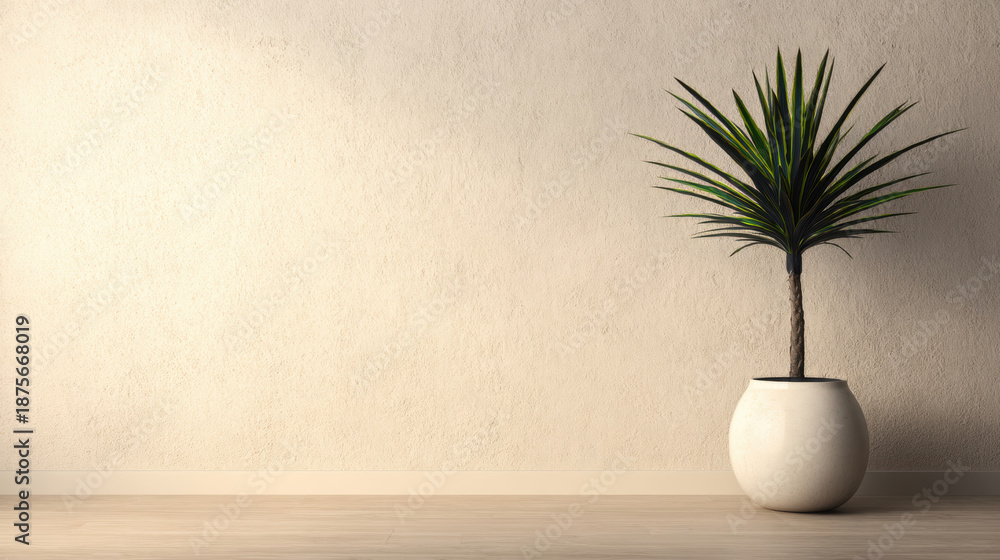 Fototapeta premium Indoor plant in a simple pot against a plain wall in a well-lit room