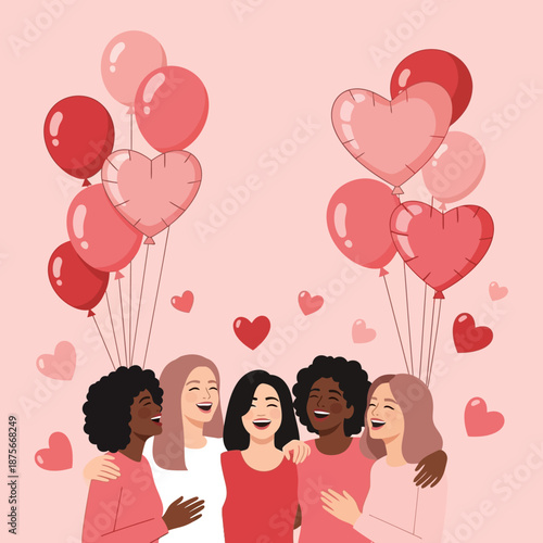 Diverse Women Celebrating with Heart Balloons.