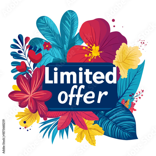 A vibrant floral arrangement frames “Limited offer” text on white background. Rendered in flat vector style. Ideal for e-commerce, promo sites, or content on seasonal sales and exclusivity.

