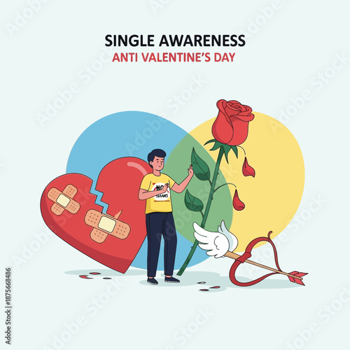 Man with broken heart and rose on Single Awareness Day.