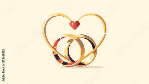Intertwined wedding rings forming a heart shape with a small red heart above.